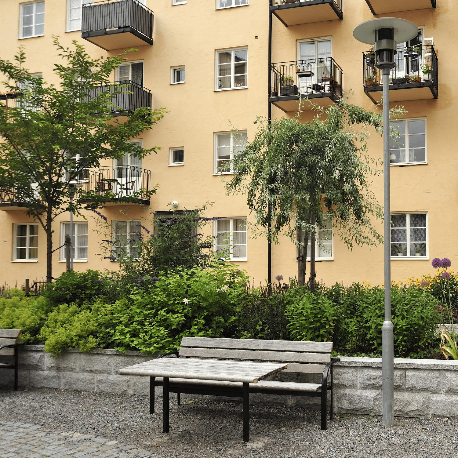 Kerrostalon ulkopihan viheristutuksia.